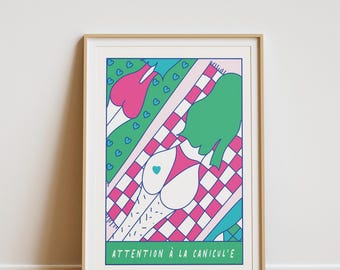May include: A colorful illustration of a person in a swimsuit on a checkered blanket with a green bush and hearts. The text "ATTENTION À LA CANICULE" is at the bottom of the image.