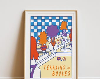 May include: A colorful illustration of people playing boules on a checkered court. The illustration is in a retro style with bright colors and bold lines. The text "Terrains de Boules" is written in blue at the bottom of the image.