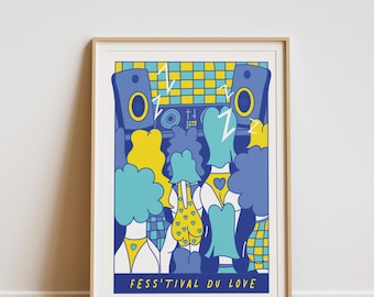 May include: A blue and yellow illustration of a crowd of people dancing in front of a sound system with the text "FESS'TIVAL DU LOVE".