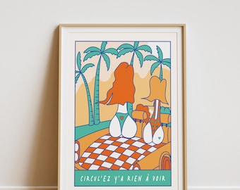 May include: A colorful illustration of two people in a car with palm trees in the background. The text "CIRCULEZ Y'A RIEN A VOIR" is printed below the car.