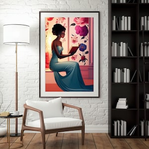 Woman Reading A Book Digital Print Book Lover Gift Black Woman Reading Wall Art African Woman Bookworm Soft Feminine Woman Art DunuDesign