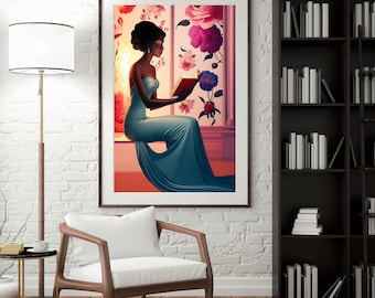 Black Woman Reading Book Art Print, Soft Feminine Wall Decor (Digital Download)