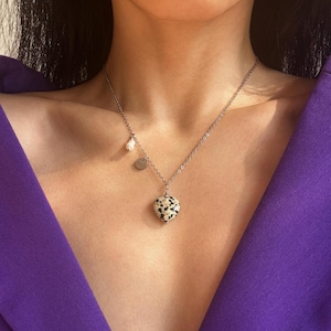 Dainty Heart Charm Necklace with Fresh Water Pearl & Disc, Natural Gemstone Heart Necklace, Dalmatian Stone Necklace, Boho Jasper Necklace