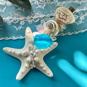 Gorgeous Seashell Claw Clip with Blue Sea Glass, Chunky Starfish Hair Clip, Summer Beach Wedding Hair Accessories, Bohemian Hair Barrette