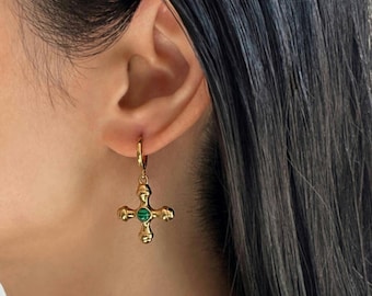 Gold Hoop Earrings with Dangling Cross Charm, Minimalist Cross Jewelry