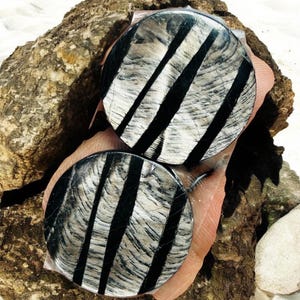 Puede incluir: Dos piedras decorativas redondas con rayas negras y blancas. Las piedras tienen una superficie pulida y reflectante y descansan sobre una superficie rugosa y texturizada. Las piedras son un artículo decorativo único.