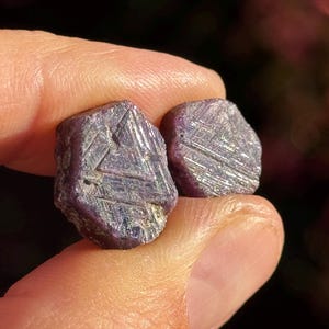 Könnte beinhalten: Zwei grob geschnittene, tiefviolette Edelsteine mit kristalliner Struktur. Die Steine werden zwischen den Fingern gehalten und zeigen ihr natürliches, unpoliertes Aussehen. Die Edelsteine haben eine strukturierte Oberfläche und unterschiedliche Formen.