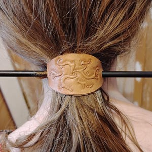 Handmade Leather Hair Stick Barrette; Tooled Swirl Pattern