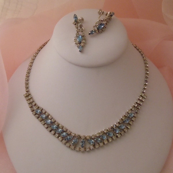 LAST CALL MOVING SALE Vintage Ice Blue Rhinestone Necklace Earrings