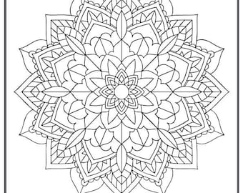 Könnte beinhalten: Eine Schwarz-Weiß-Mandala-Malvorlage mit dem Wort "Mandala" oben und dem Text "Adult Coloring Pages Mindfulness - Relaxation - Meditation" unten.