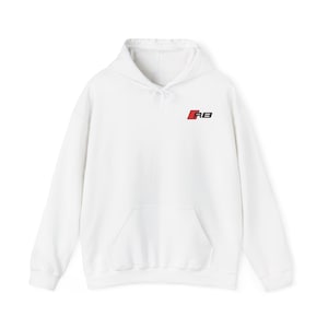 May include: White hooded sweatshirt with a front pocket and a drawstring hood. The sweatshirt features a small red and black "R8" logo on the upper left chest. The garment is made of a soft, comfortable material.