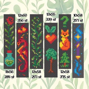 May include: A collection of six cross-stitch patterns on a dark gray background. The patterns include a rose, a dragon, a leafy design, a heart with leaves, a fox, and a magical design. Each pattern has dimensions and stitch counts displayed.