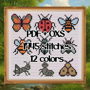 May include: A framed cross-stitch pattern featuring various insects, including a butterfly, ladybug, and bee. The design includes the text "PDF + OXS", "1745 stitches", and "12 colors". The artwork is set against a backdrop of a natural landscape.
