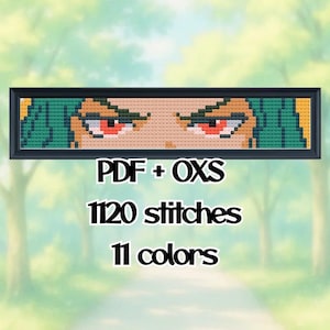 May include: Cross-stitch pattern featuring a character's eyes with green hair and red eyes, framed in black. The text "PDF + OXS", "1120 stitches", and "11 colors" are below the image. The background is a blurred outdoor scene.