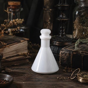 May include: A white glass apothecary bottle with a conical base and a rounded stopper. The bottle features a smooth, opaque finish and a narrow neck, standing upright as a standalone vessel with a clean, minimalist silhouette and a solid white color.