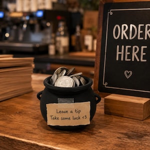 May include: A small black matte cauldron filled with silver-colored coins. A piece of tan paper is taped to the front with the handwritten text: Leave a tip, Take some luck <3. The cauldron has two small handles on the sides and a wide opening.