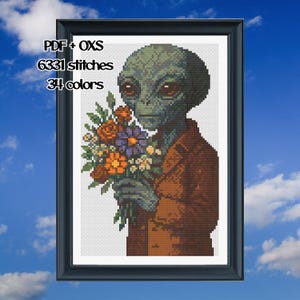 Puede incluir: Imagen enmarcada de punto de cruz que representa a un extraterrestre sosteniendo un ramo de flores. El extraterrestre es verde y marrón, con una chaqueta marrón. El ramo incluye flores naranjas, moradas y blancas. El texto dice "PDF + OXS", "6331 puntadas" y "34 colores".