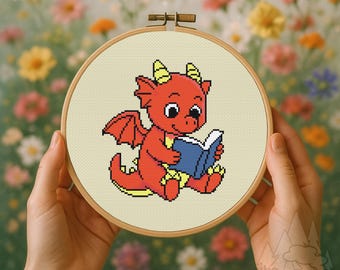 Reading Dragon Cross Stitch Pattern PDF + OXS, Fantasy Book Embroidery, 78x90 Stitches