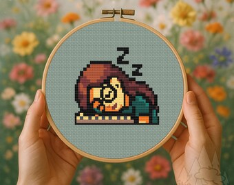 Sleepy Programmer Cross Stitch Pattern: Mini Coder Portrait (PDF + OXS Files, 50x46 Stitches)