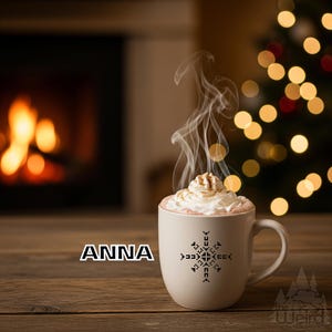 May include: A white mug with a snowflake design and the name "ANNA" in white text, filled with hot chocolate and topped with whipped cream. Steam rises from the mug, set against a blurred background of a fireplace and Christmas tree lights.