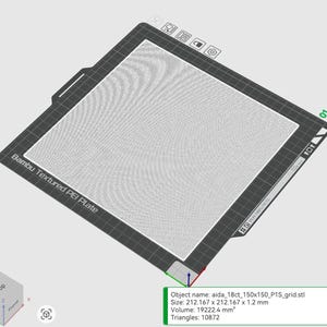 May include: A digital interface showing a Bambu Textured PEI Plate with a grid pattern. The object name is aida_18ct_150x150_P1S_grid.stl, with dimensions of 212.167 x 212.167 x 1.2 mm, a volume of 19222.4 mm³, and 10872 triangles.