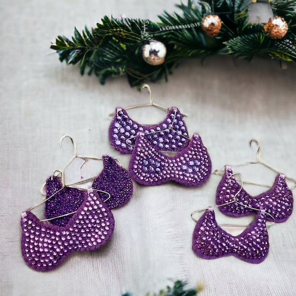 Sparkling Purple Rhinestone Bra Christmas Ornament on Miniature Wire Hanger