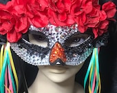 Rhinestone or Faux Pearl Embellished Masquerade half mask, Dia de los Muertos (Day of the Dead) inspired