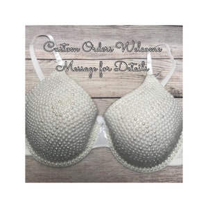 Hand Embellished Pearl Bead Bra - White 36DDD