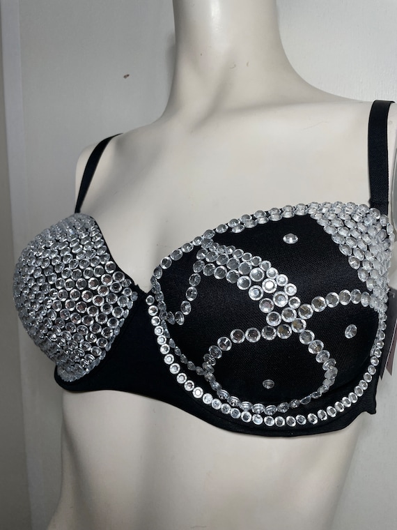 Rhinestone Embellished Convertible Black Bra, Size 34DD 