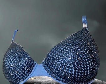 Blue Rhinestone Bra Top: Victoria's Secret PINK, 34C Rave Burlesque Bra