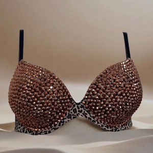 Wild Glam:  Leopard Print Icon Bra with Rose Gold Rhinestones, 32B