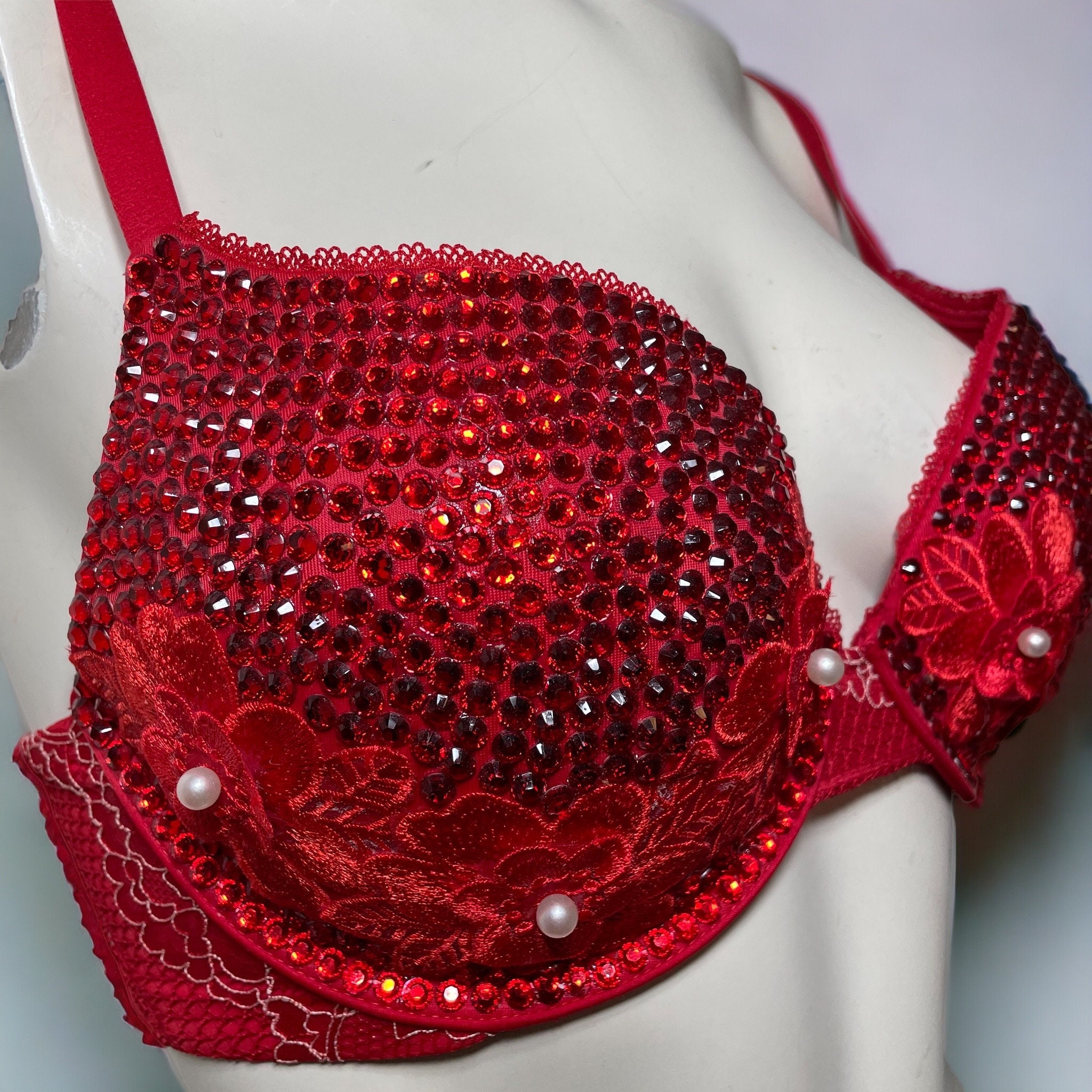 Red Floral Appliqué and Rhinestone Embellished Burlesque Bra Top Size 34D  top Only 