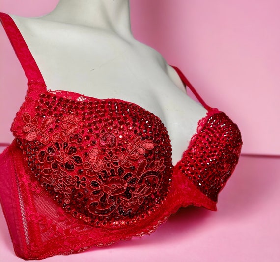 Red Rhinestone and Sequin Appliqué Embellished Push-up Bra, Size 32B 