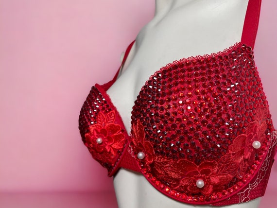 Red Floral Appliqué and Rhinestone Embellished Burlesque Bra Top Size 34D  top Only 