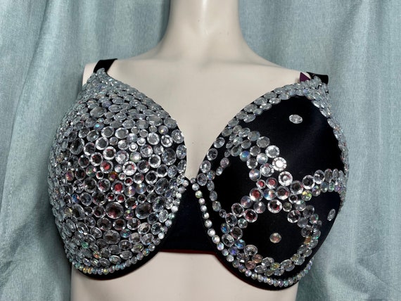 Lightly Lined, Black Bra, Rhinestone Embellished Cups Size 38DDD, Clear &  AB Mix 