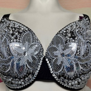 Sequin Floral Bra: Black 36DDD Rhinestone Pearl Embellished Top