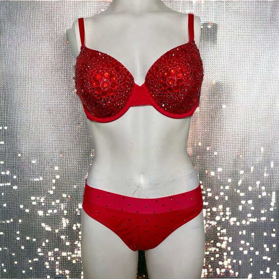 Red Rhinestone Cotton Bra Size 38C and Thong, Size L 
