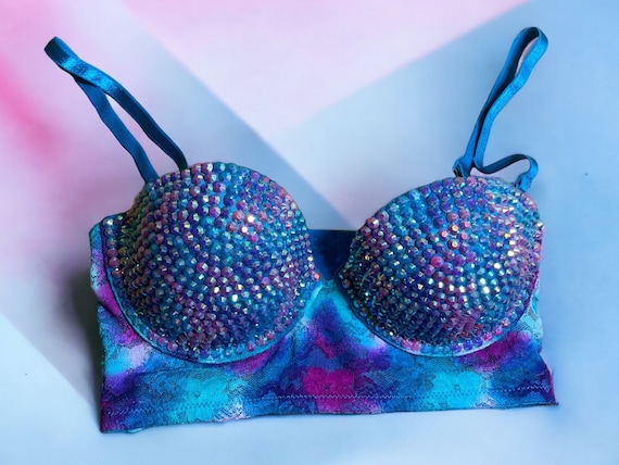 Rhinestone Embellished Lace Longline Bra Pink, Purple, Blue Sparkle Top 