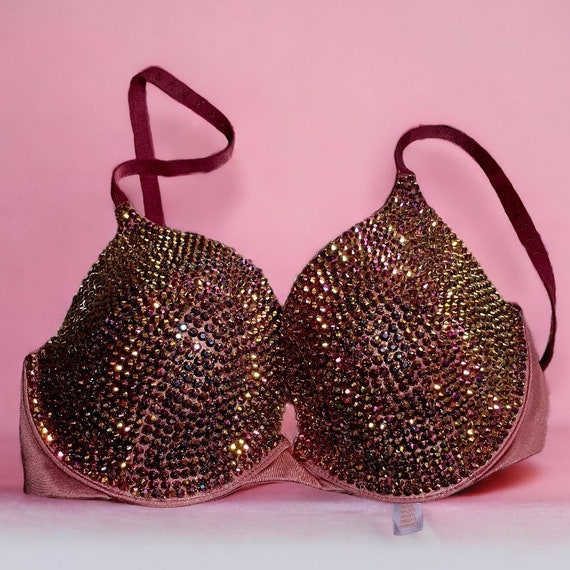 Size 32D Savage Fenty Rose Gold Resin Rhinestone Embellished Metallic  Push-up Bra 