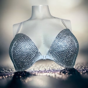 White Racerback, Push-up bra, Clear Resin Rhinestone Embellished Cups, Size 32DDD