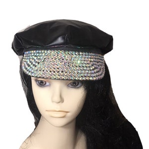 Black Hat with Rhinestone Embellished Bill, one size