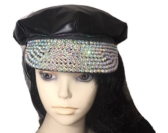 Black Hat with Rhinestone Embellished Bill, one size