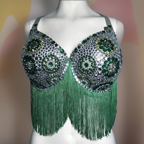 Green Fringe Rhinestone Embellished Push-up Bra Size 40DD 