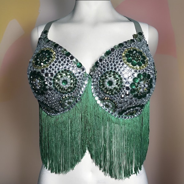 Green Fringe Rhinestone Embellished Push-up Bra size 40DD