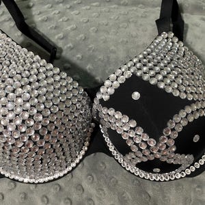Black Bra Acrylic Rhinestone embellished/ Burlesque Bustier 36DD, Abstract design