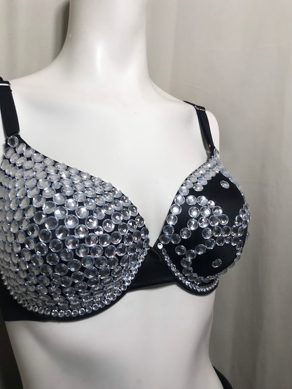 Embellished Black Bra Lg Clear Acrylic Rhinestones Size 36C -  Canada