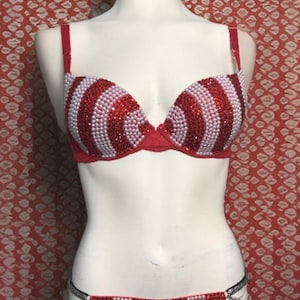 34B Bra and Panty set, Bling Lingerie, Rhinestone, Pearl Beaded Embellished  Red & White