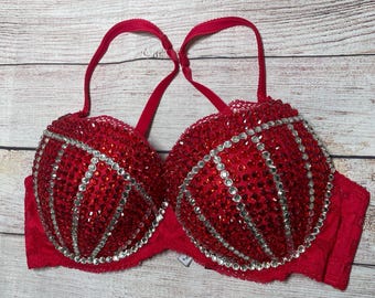 Red and White (Clear) Resin Rhinestone Push-up Bra, Size 34C, Rave - Burlesque - Festival - Holiday