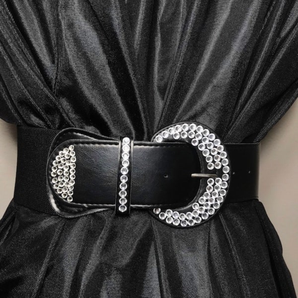 Women’s Black Belt, Acrylic Rhinestone Embellished Faux Leather Buckle, elastic strap or metal buckle faux leather strap S,M, L, XL