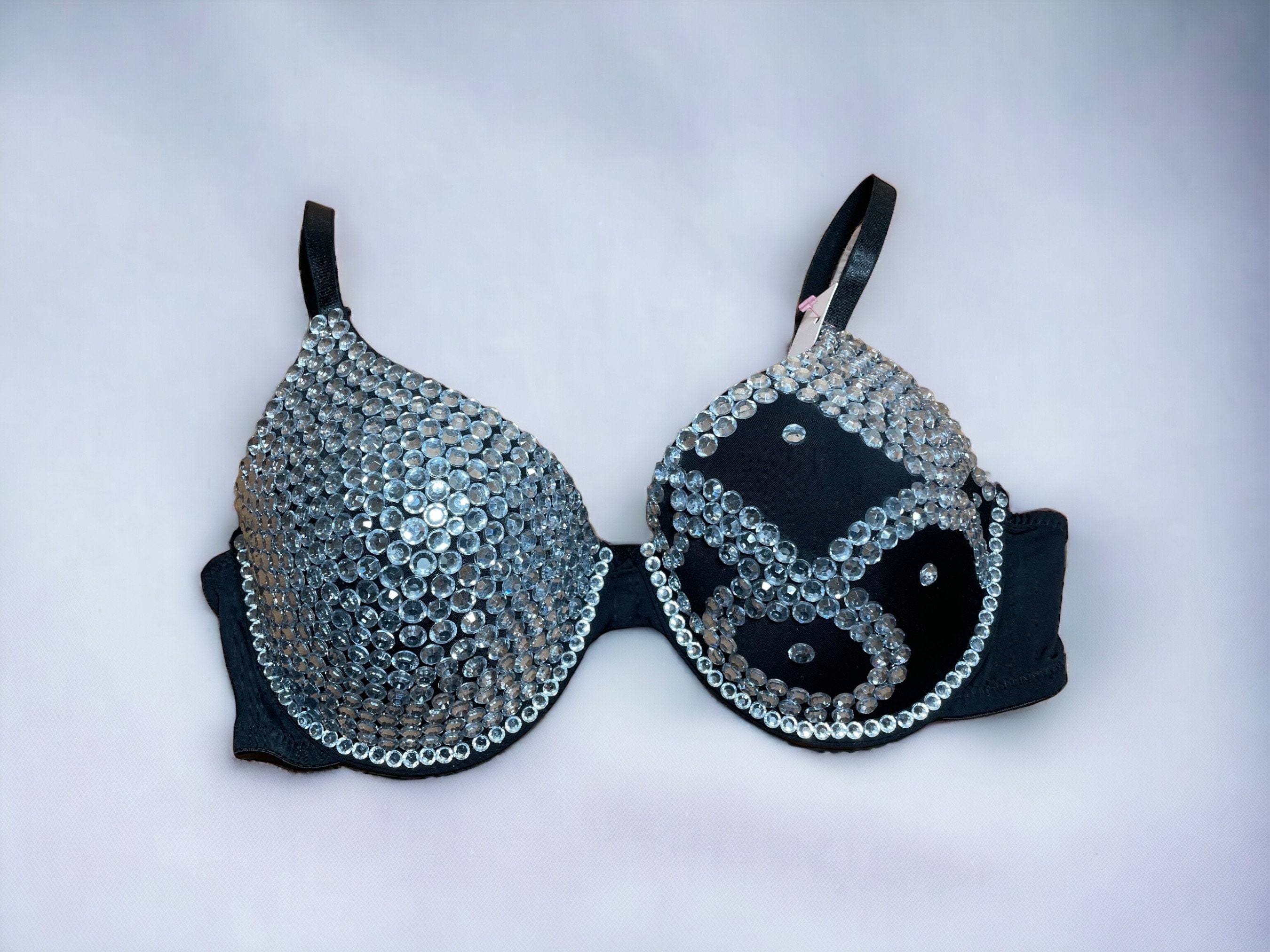 Black Push-up Bra, Clear Resin Rhinestone Embellished Cups With